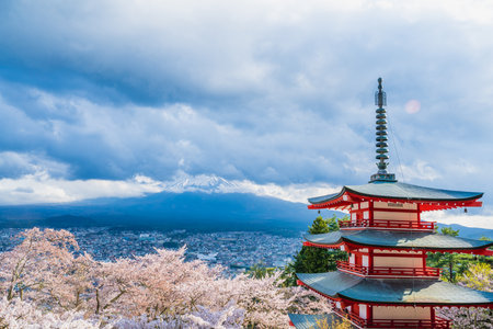 Fujiyoshida, Yamanashi, Japan - APR 17, 2024: Arakura Fuji Sengen Jinja Shrine. Mt Fuji with red pagoda in cherry blossom sakura in spring season .の写真素材