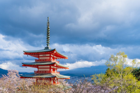 Fujiyoshida, Yamanashi, Japan - APR 17, 2024: Arakura Fuji Sengen Jinja Shrine. Mt Fuji with red pagoda in cherry blossom sakura in spring season .の写真素材