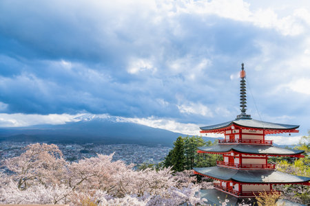 Fujiyoshida, Yamanashi, Japan - APR 17, 2024: Arakura Fuji Sengen Jinja Shrine. Mt Fuji with red...