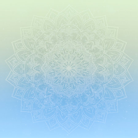Round mandala on colorful gradient background. Translucent mesh pattern in the form of a mandala. Mandala with floral patterns. Pastel Yoga template. Gradient background with round mandala.の写真素材
