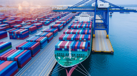 Aerial top view container ship in export and import business and logistics. Shipping cargo to harbor by crane.の写真素材