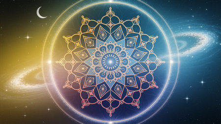Round mandala on colorful gradient background. Translucent mesh pattern in the form of a mandala. Mandala with floral patterns. Pastel Yoga template. Gradient background with round mandala.の写真素材