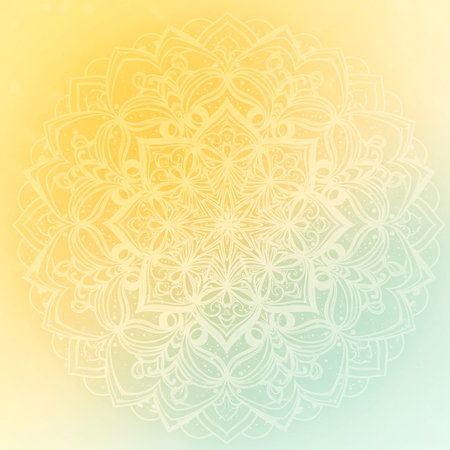 Round mandala on colorful gradient background. Translucent mesh pattern in the form of a mandala. Mandala with floral patterns. Pastel Yoga template. Gradient background with round mandala.の写真素材