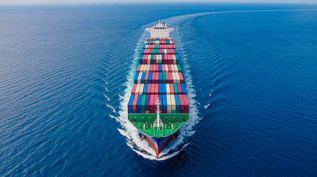 Aerial top view container ship in export and import business and logistics. Shipping cargo to harbor by crane.の写真素材