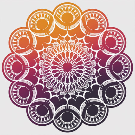 Round mandala on colorful gradient background. Translucent mesh pattern in the form of a mandala. Mandala with floral patterns. Pastel Yoga template. Gradient background with round mandala.の写真素材