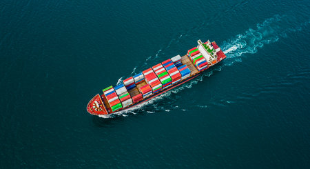 Aerial top view container ship in export and import business and logistics. Shipping cargo to harbor...