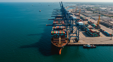 Aerial top view container ship in export and import business and logistics. Shipping cargo to harbor...