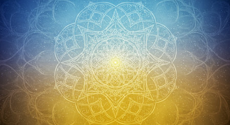 Round mandala on colorful gradient background. Translucent mesh pattern in the form of a mandala. Mandala with floral patterns. Pastel Yoga template. Gradient background with round mandala.の写真素材