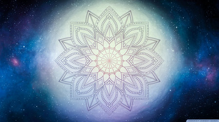 Round mandala on colorful gradient background. Translucent mesh pattern in the form of a mandala. Mandala with floral patterns. Pastel Yoga template. Gradient background with round mandala.の写真素材