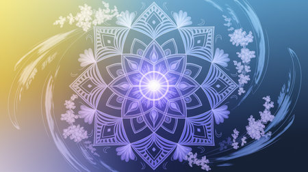 Round mandala on colorful gradient background. Translucent mesh pattern in the form of a mandala. Mandala with floral patterns. Pastel Yoga template. Gradient background with round mandala.の写真素材