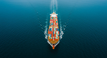 Aerial top view container ship in export and import business and logistics. Shipping cargo to harbor by crane.の写真素材