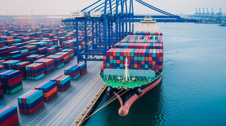 Aerial top view container ship in export and import business and logistics. Shipping cargo to harbor by crane.の写真素材