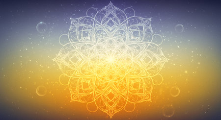 Round mandala on colorful gradient background. Translucent mesh pattern in the form of a mandala. Mandala with floral patterns. Pastel Yoga template. Gradient background with round mandala.の写真素材