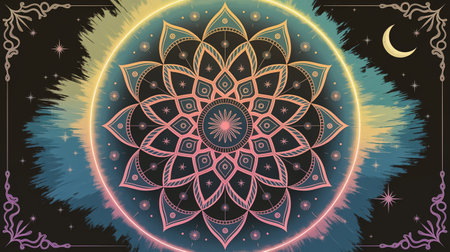 Round mandala on colorful gradient background. Translucent mesh pattern in the form of a mandala. Mandala with floral patterns. Pastel Yoga template. Gradient background with round mandala.の写真素材