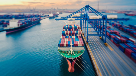 Aerial top view container ship in export and import business and logistics. Shipping cargo to harbor by crane.の写真素材