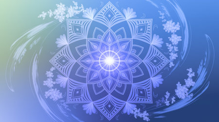 Round mandala on colorful gradient background. Translucent mesh pattern in the form of a mandala. Mandala with floral patterns. Pastel Yoga template. Gradient background with round mandala.の写真素材