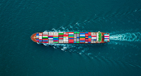 Aerial top view container ship in export and import business and logistics. Shipping cargo to harbor by crane.の写真素材