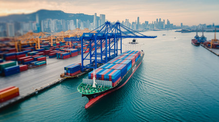 Aerial top view container ship in export and import business and logistics. Shipping cargo to harbor by crane.の写真素材