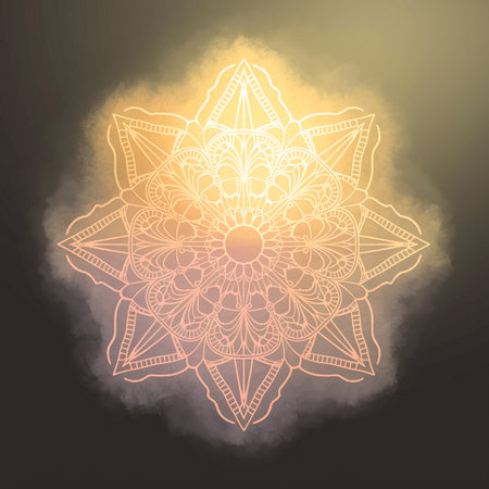 Round mandala on colorful gradient background. Translucent mesh pattern in the form of a mandala. Mandala with floral patterns. Pastel Yoga template. Gradient background with round mandala.の写真素材