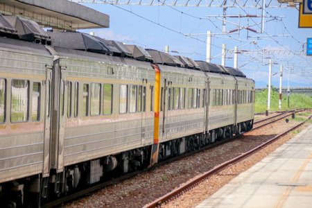 Taiwan May 21, 2024: A scenic view of a train at Fuli Station in Hualien, Taiwan, with clear sky and...