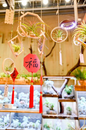 Taiwan May 30 2025: Festive Chinese New Year interior with red spring couplets, lucky knots and plants inside wood workshop, illustrating cultural holiday atmosphereの写真素材