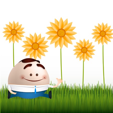 businessman cartoon on flowers and grass backgroundのイラスト素材