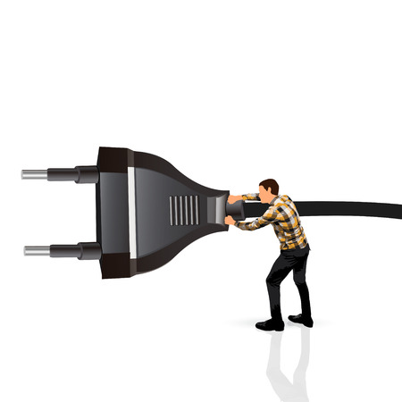 young man carrying a plugの写真素材