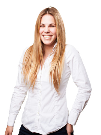 blond woman laughingの写真素材