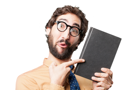 crazy man with book.funny expressionの写真素材