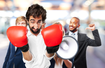 young funny man boxing.disagree expressionの写真素材