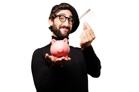young french artist with piggy bankの写真素材
