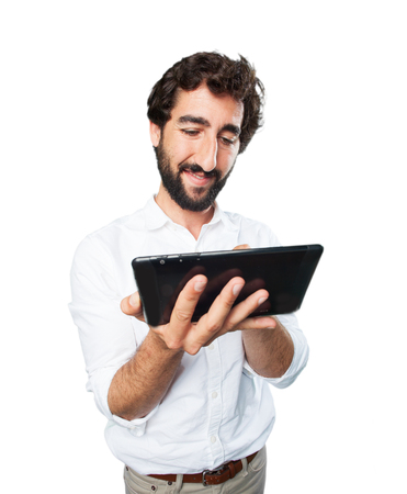 young funny man with touch screen tabletの写真素材