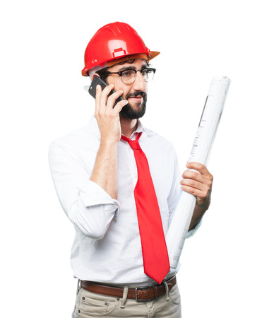 young funny architect with mobile phoneの写真素材