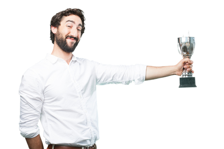young funny man with sport cupの写真素材