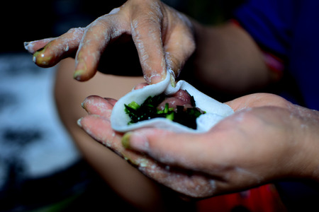 Hand Holding Dumpling Wrapper with Dumpling Stuffingの写真素材