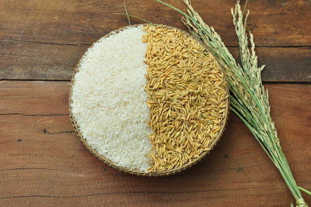 Paddy and rice in the basket and on wood background