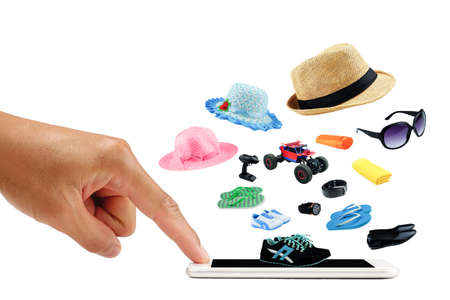 life on line with finger touch screen on smart phone on white background. shopping online a products...