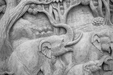 Elephant  High relief Carving and sculpture in thailandの写真素材