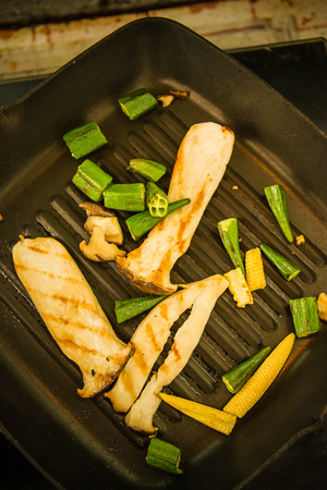 Grilled mushrooms on the pan Vegetarian foodの写真素材