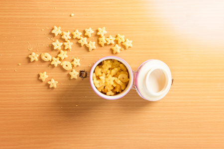 Cereal with sunrise on wooden floor.の写真素材