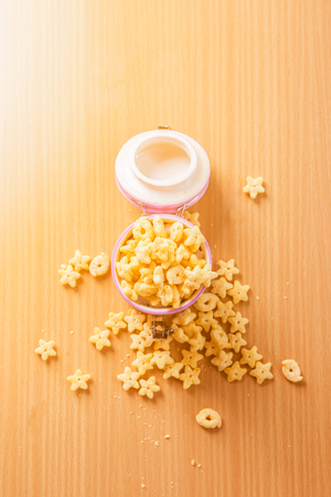 Cereal with sunrise on wooden floor.の写真素材