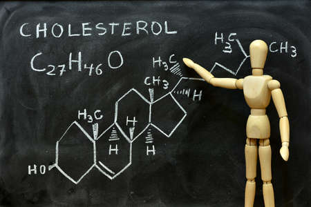 Molecular and structural formula of cholesterol written on a blackboardの写真素材