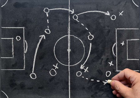 Soccer game strategy hand drawn with chalk on a blackboard