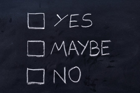 Questionnaire handwritten on a blackboard with the words yes, maybe or no