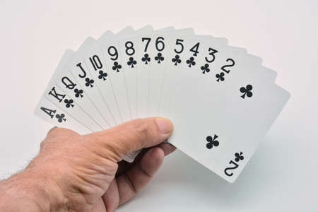 Clubs cards fanned out on white background