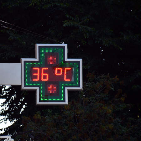 street thermometer from a pharmacy at 36 degrees celsius