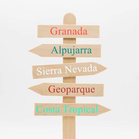Signpost with the most important destinations in the province of Granada, Spainの写真素材