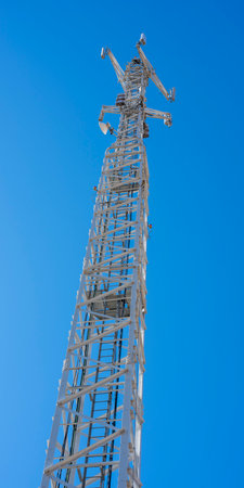 Large telecommunication tower seen from the base
