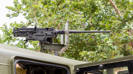 Heavy machine gun mounted on a military vehicle, army military weapons industry