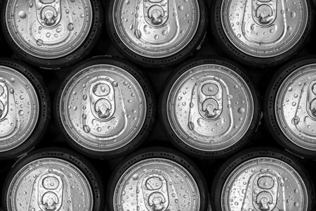Several canisters of cold beer seen from above, in black and whiteの写真素材